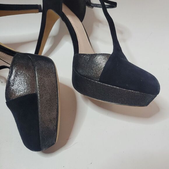 Vince Camuto Akido Leather Platform T-Strap Heels Gunmetal and Black Suede - Picture 6 of 16